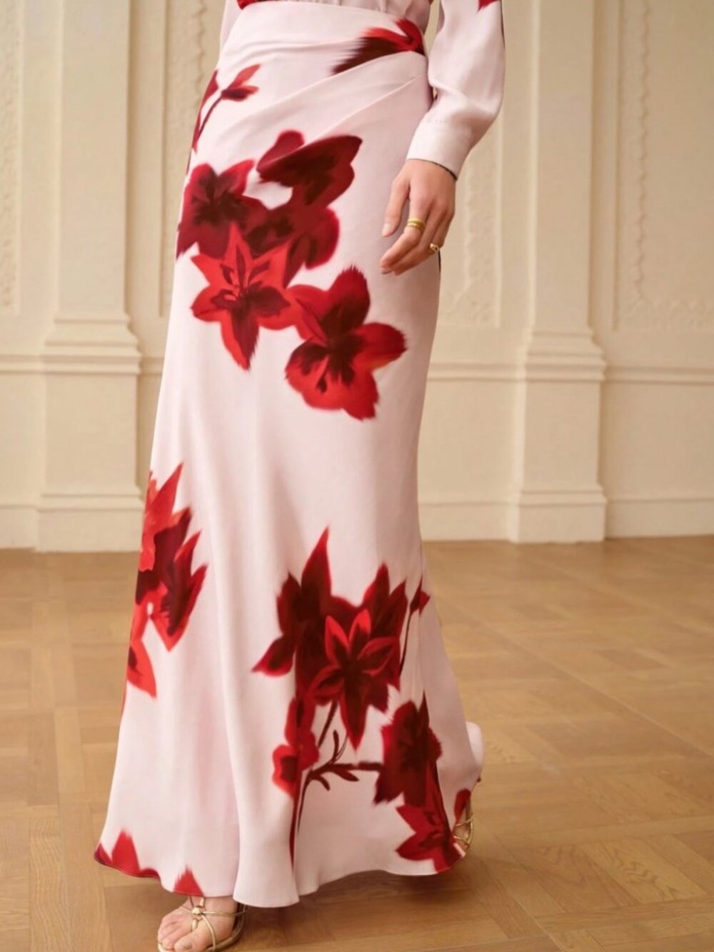 Blush Pink Red Floral Print Satin Maxi Skirt